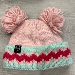 Kombi Kids Pink Double Pom Knit Hat with Mint & Raspberry Trim(for 1-3 year olds